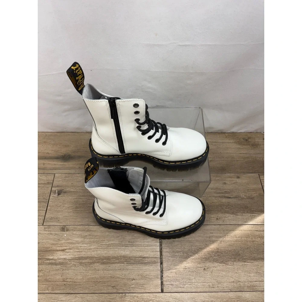 Dr Martens Jadon White Smooth Leather Platform Boots Chunky Sole Side Zip